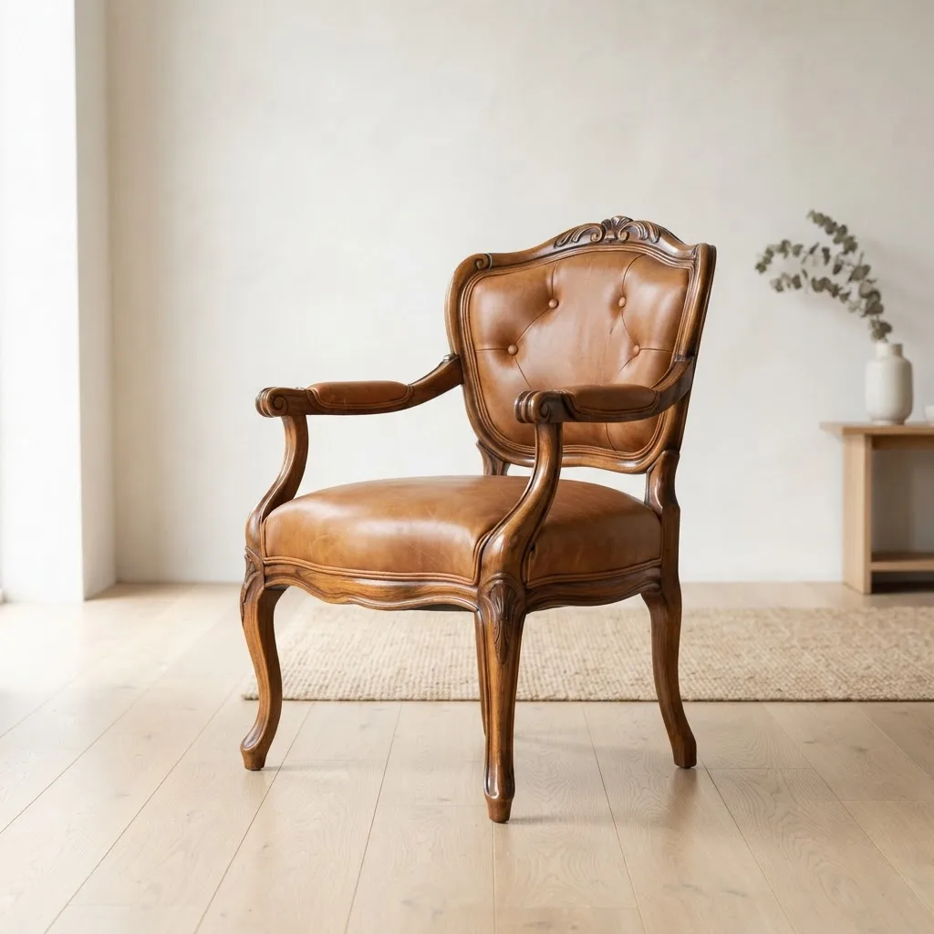 Restored antique wooden armchair with new leather seat.