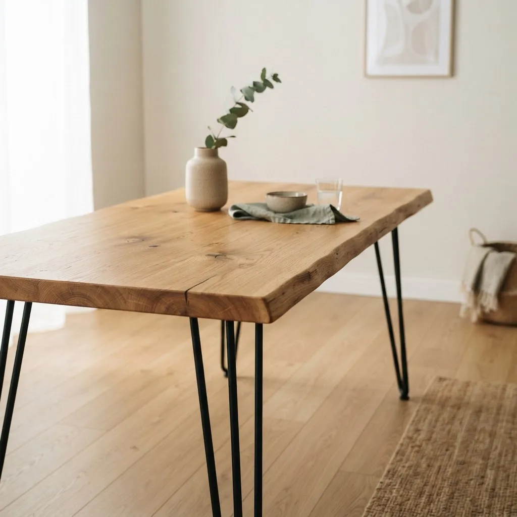 Handcrafted solid oak dining table with black steel hairpin legs.