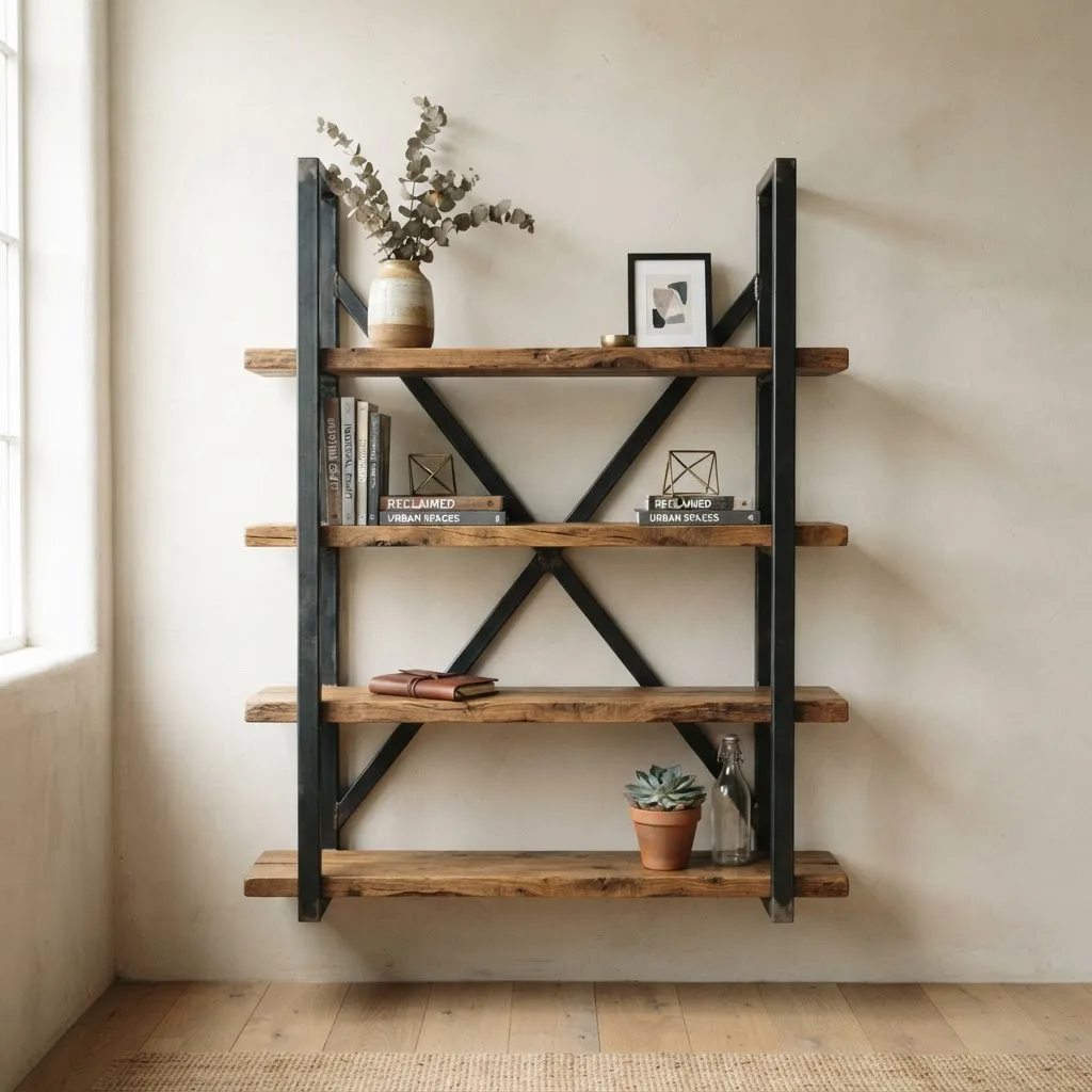 Custom industrial wall shelf with steel frame and reclaimed wood shelves.