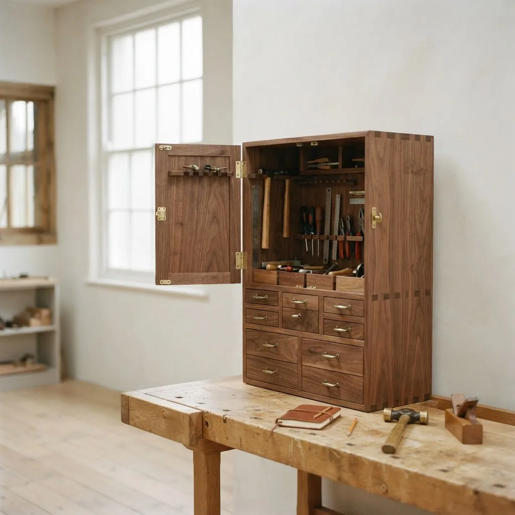 Handmade wooden tool storage cabinet with brass hardware.