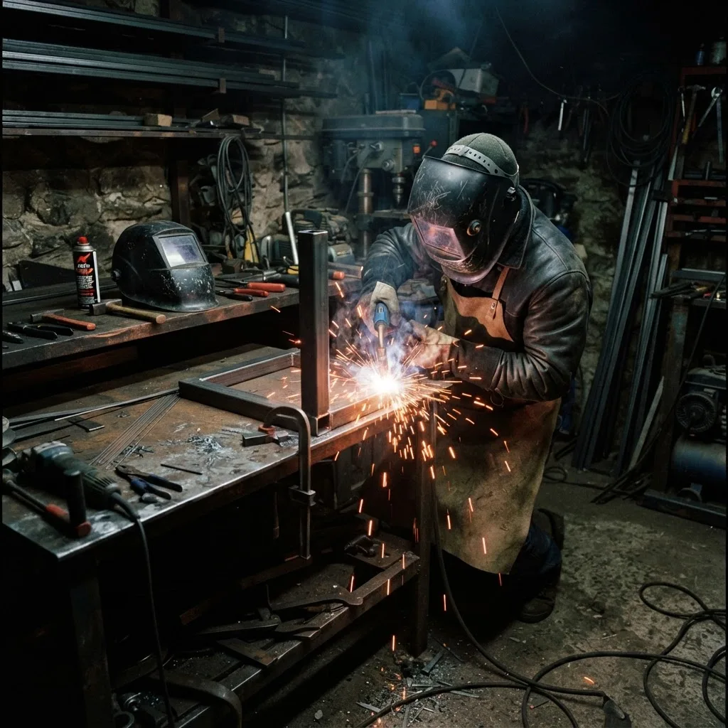Steel table legs being welded in the metalworking corner of the home workshop.