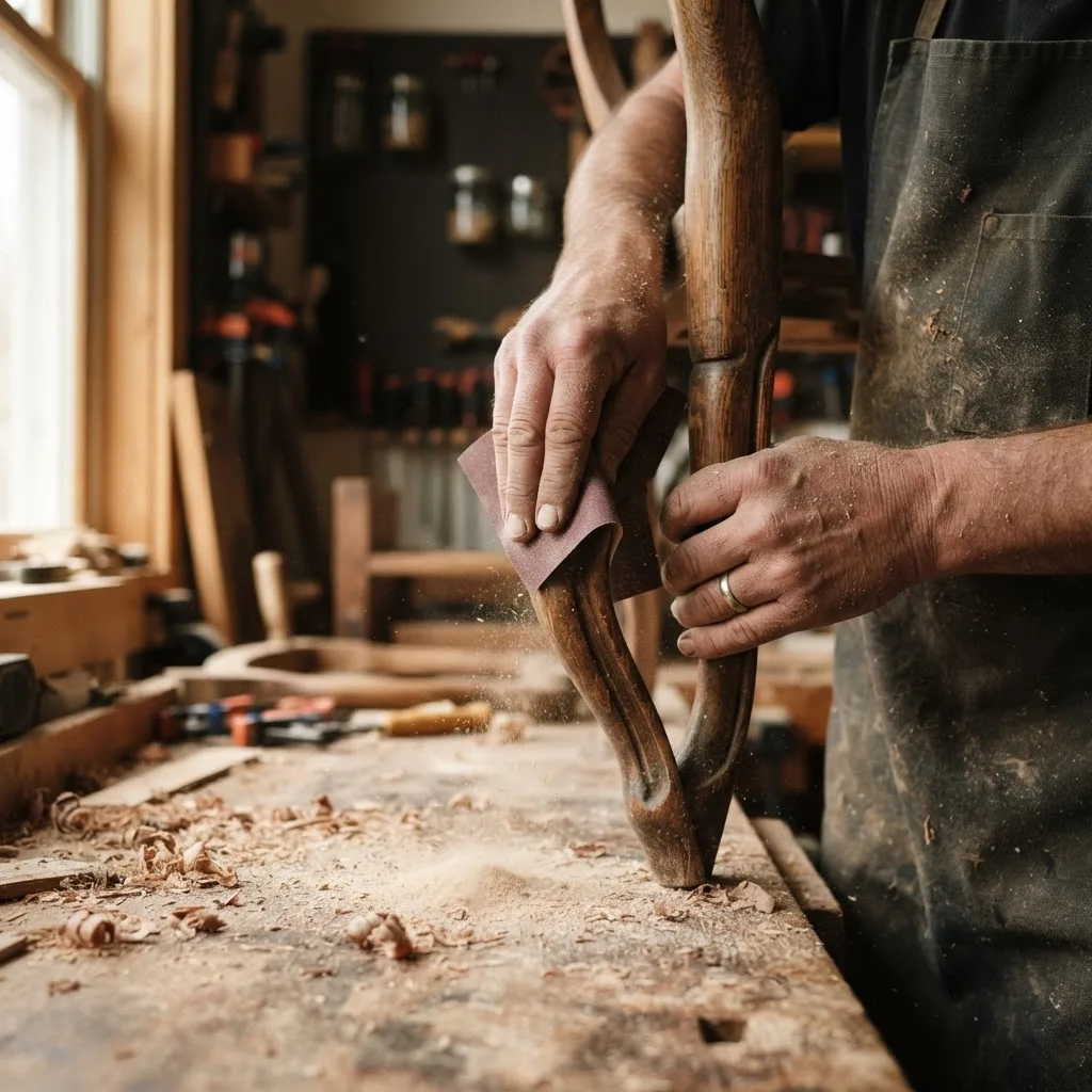 Craftsman hands sanding an antique wooden chair leg on a workbench.